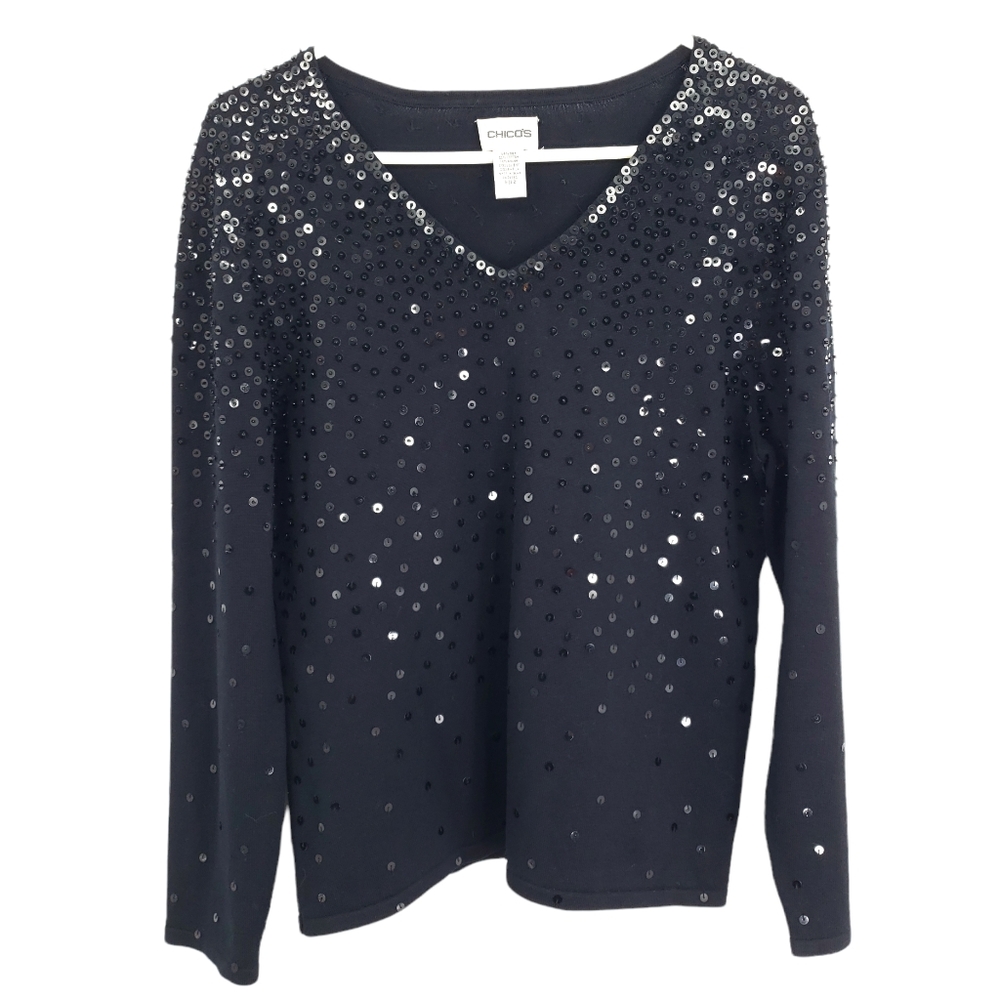 Chico's Silk Blend Black Sequin Crew Neck Sweater Size 2 aka Size Large